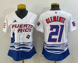 Women%27s Puerto Rico Baseball #21 Roberto Clemente 2023 White World Classic Stitched Jersey->2023 world baseball classic->MLB Jersey